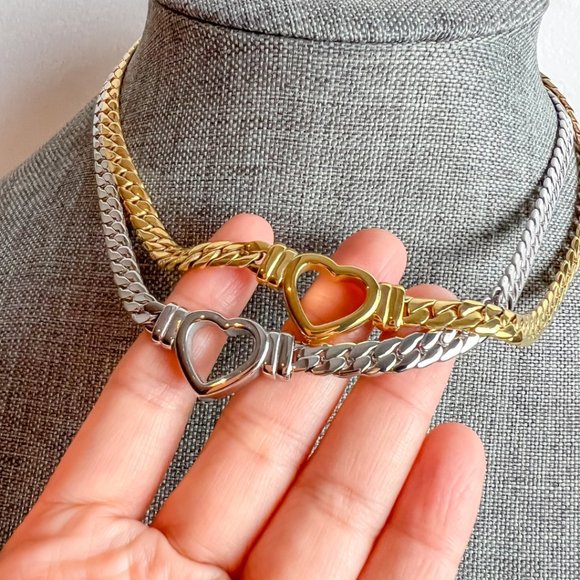 Heart Choker Thick Chain Necklace Thick Choker Heart Chain Heart Pendant Chain - Picture 4 of 14